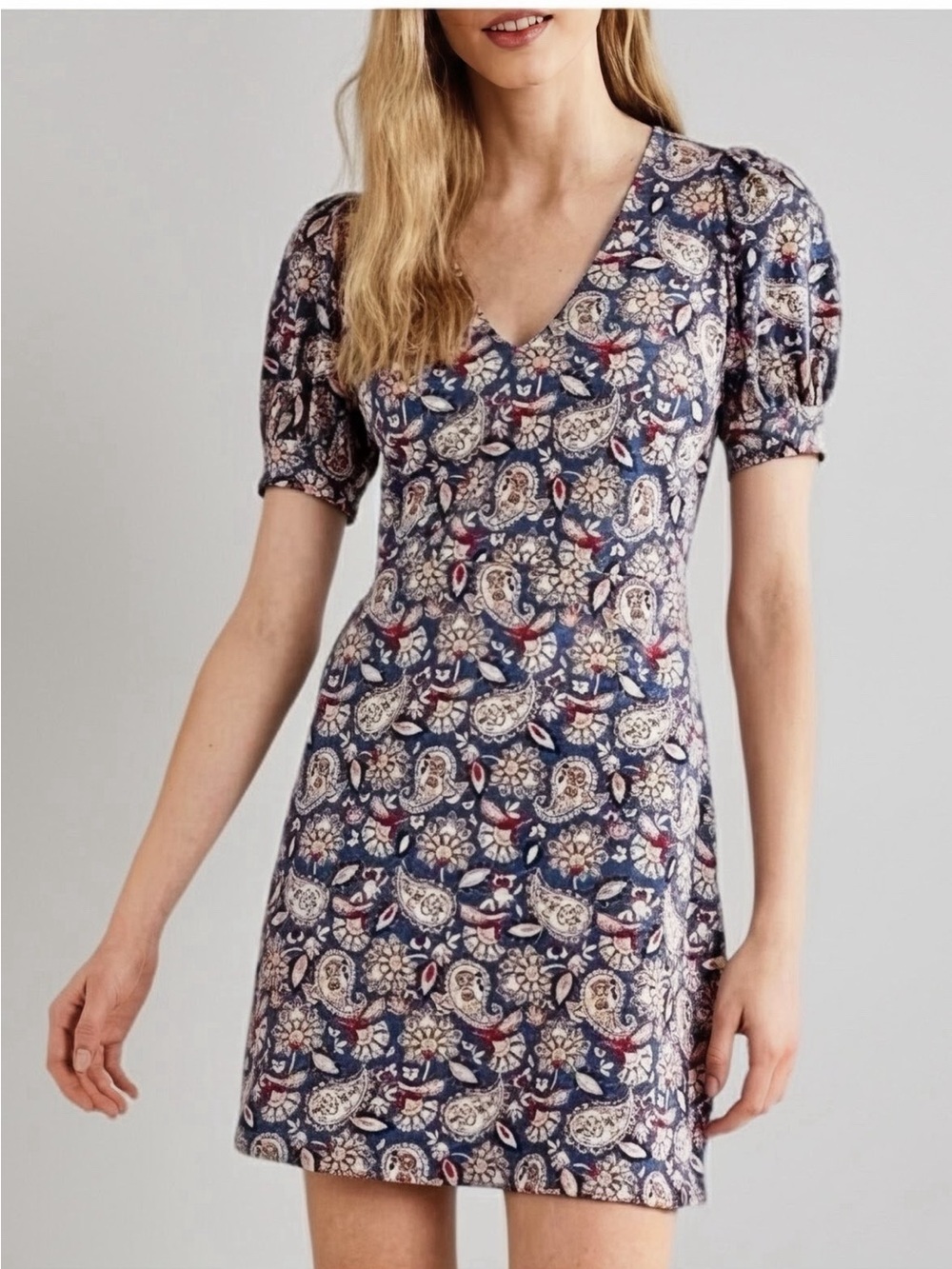 BODEN Short Sleeve Paisley V-Neck Cotton Jersey Mini Dress--NWT--4P